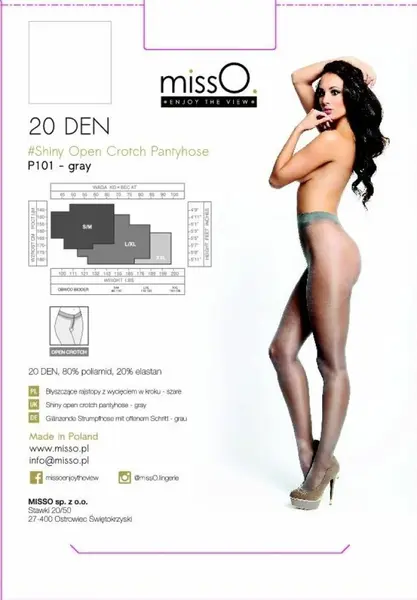 MissO P101 Tights Grey L/XL - Open Gusset, Sheer Shine, Comfort Fit