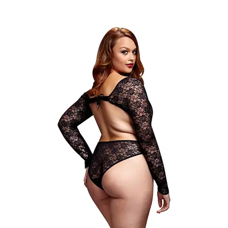 Baci Lace Cutout Teddy Black Queen Size - Elegant Open Back Bodysuit