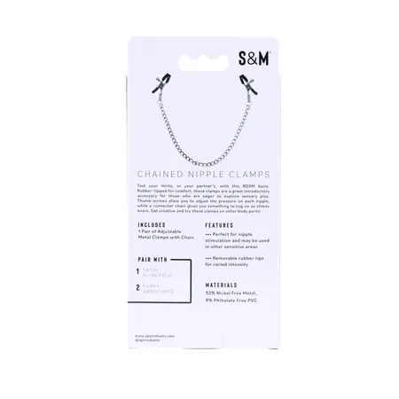 Sportsheets S&M Chained Nipple Clamps Adjustable 33cm Chain, Black/Silver
