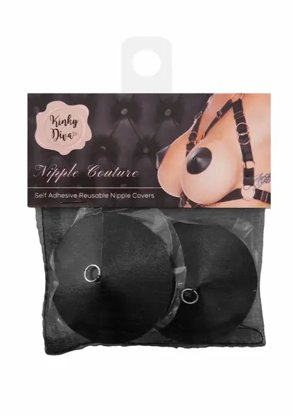 Kinky Diva PU Leather Nipple Covers Ring Black Reusable Adhesive