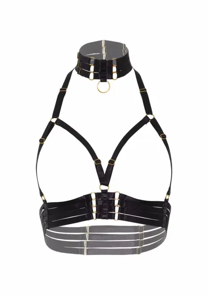 Open Cup Bra Plus O-Ring Collar Satin Harness Adjustable Black