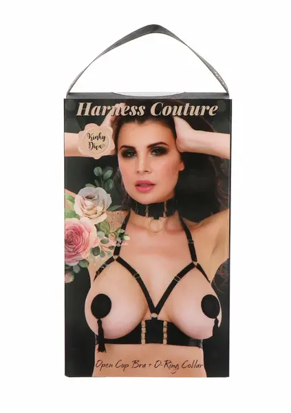 Open Cup Bra Plus O-Ring Collar Satin Harness Adjustable Black