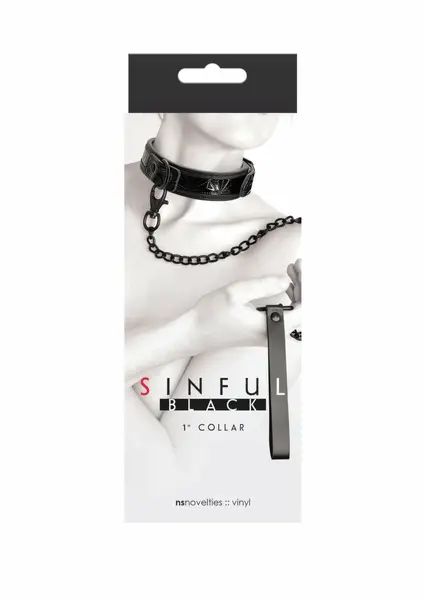 Sinful Collar 1 inch Adjustable Vinyl-Neoprene with Leash Black