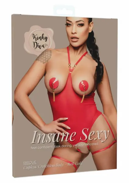Kinky Diva Risque bodi bez korpica i otvorenog preponskog dela sa podesivim bretelama crni seksi veš